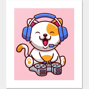 Cute Cat Gaming With Headphone And Console Posters and Art